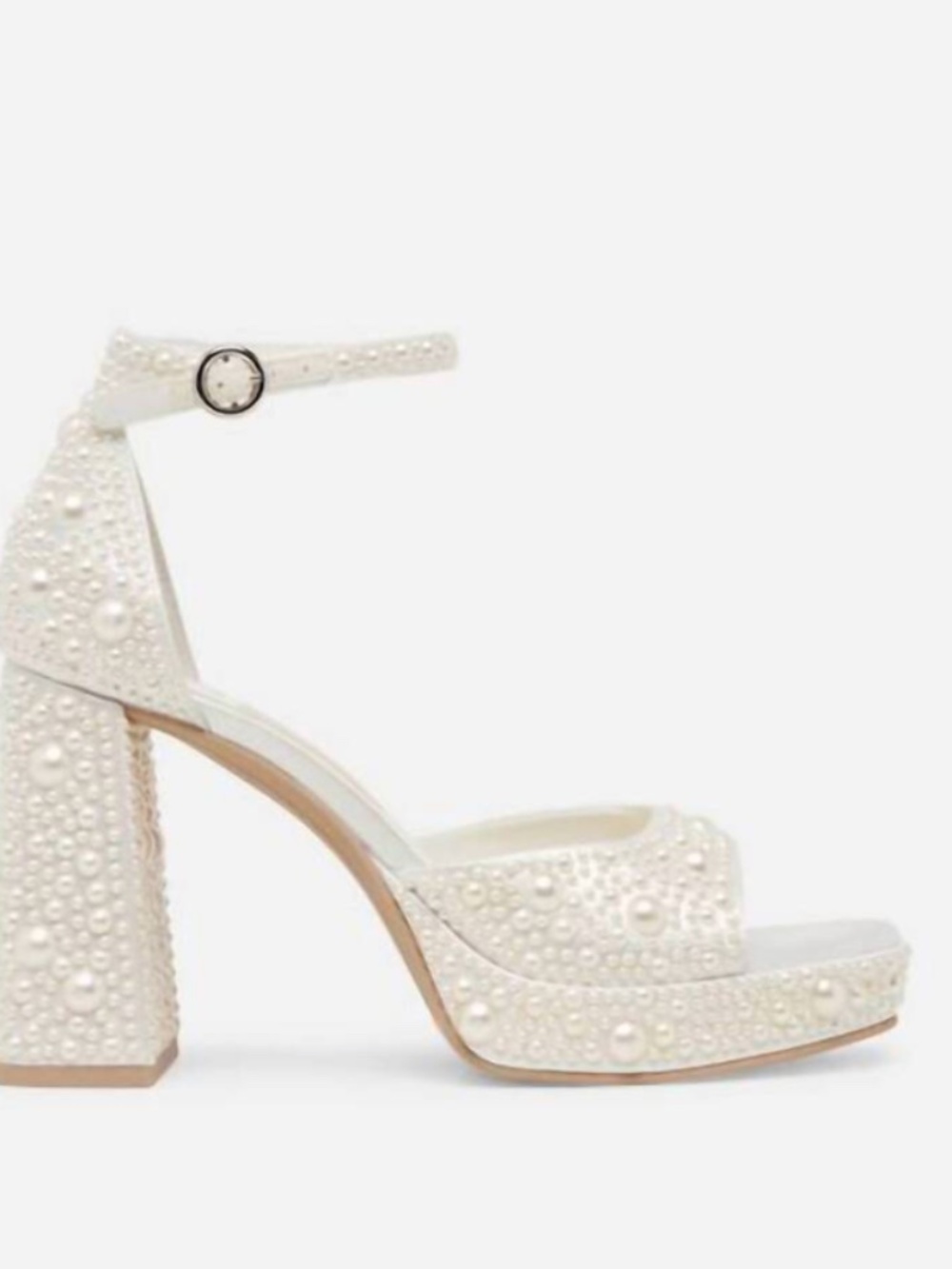 Dolce Vita White Satin Platform Heels with Pearl embellishments